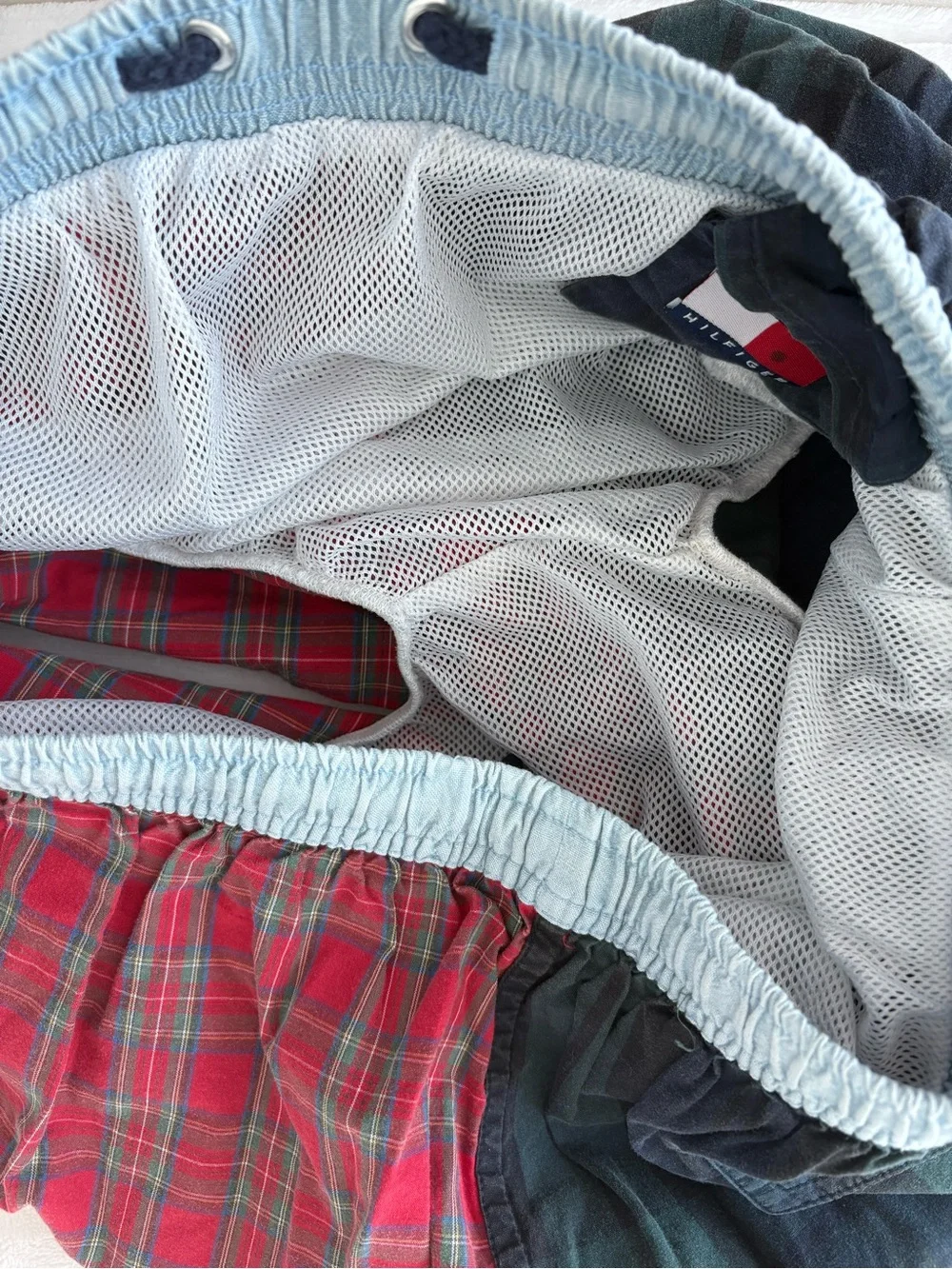 Tommy Hilfiger Vintage Split Plaid Drawstring Swim Shorts - Red & Green